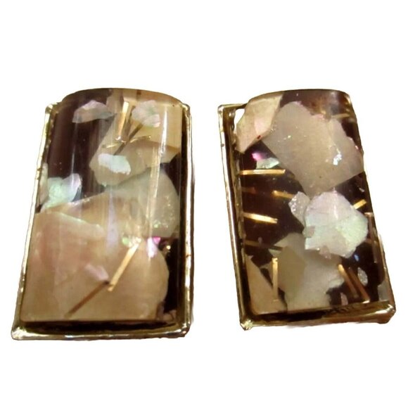 Vintage Gold-Tone Clip-On Earrings With Iridescent Shell Inlay Rectangles - Picture 2 of 5